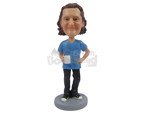 Custom Bobblehead Happy Male Holding A Cup Of With One Hand On Waist - Leisure & Casual Casual Males Personalized Bobblehead & Cake Topper Custom Bobblehead Happy Male Holding A Cup Of With One Hand On Waist - Leisure & Casual Casual Males Personalized Bobblehead & Cake Topper